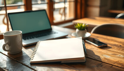 Open notebook, laptop, coffee cup, and phone on a wooden table in a cafe.