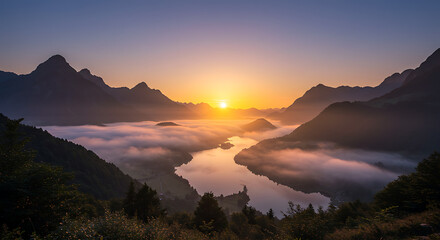 Breathtaking aerial view of a vibrant sunrise casting a golden glow over a foggy lake nestled between majestic mountain peaks