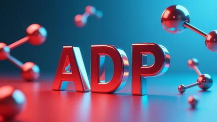 Photorealistic 3D metallic 'ADP' letters with red and blue iridescent shine, floating molecular spheres and rods, cool blue to warm red gradient backdrop