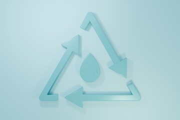 Blue Oil drop with recycle icon isolated on blue background. Minimalism concept. 3D render illustration