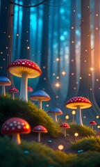 Enchanting bioluminescent mushrooms glow in a magical fantasy forest at twilight