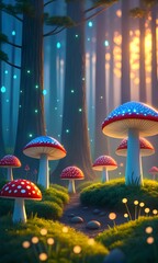Enchanted forest path with glowing mushrooms and magical fairy lights