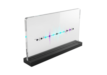 Sleek transparent acrylic data calendar with dynamic shifting holographic projections in cyan and violet, on matte black base, transparent studio background, concept of futuristic data display