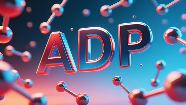 Photorealistic 3D metallic 'ADP' letters with red and blue iridescent shine, floating molecular spheres and rods, cool blue to warm red gradient backdrop