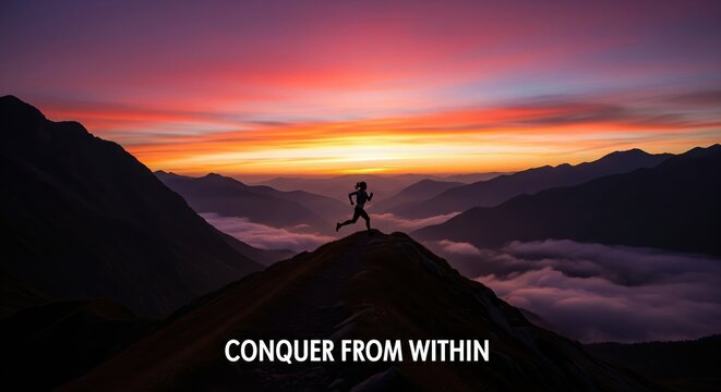 A motivational image with the quote "Conquer From Within," showing a silhouette of a woman trail running on a mountain ridge at sunset.