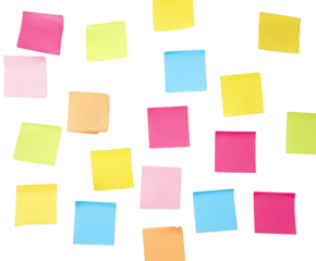 Assortment of Colorful Square Sticky Notes Scattered paper squares isolated on a transparent background