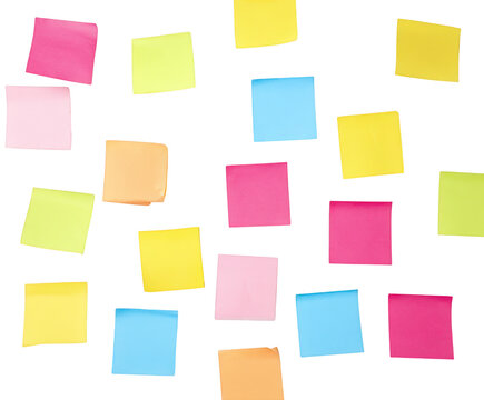 Assortment of Colorful Square Sticky Notes Scattered paper squares isolated on a transparent background