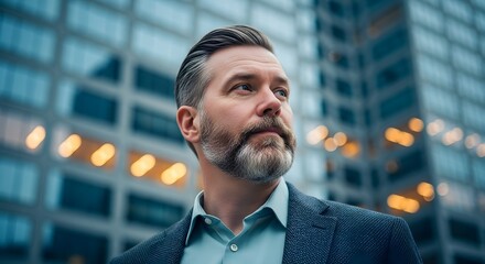 A focused businessman, looking up, in a city setting. He is wearing a suit jacket and has a full beard, modern office building is in the background.