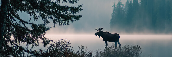 mooose in the woods silhoette; astonishing dreamlike nature scenery