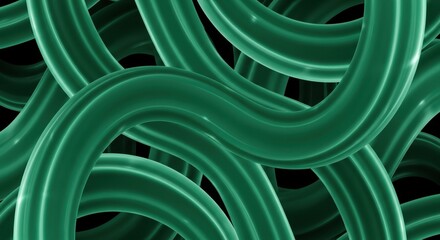 Abstract Emerald Tubes: An eye-level, macro shot, featuring interconnected, smooth, and subtly curved, emerald-green tubes against a shadowy backdrop, suggesting infinite continuity and complex form.