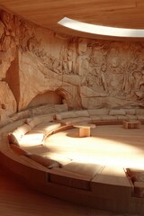 A circular, wooden seating area with carved wall details, bathed in natural light.