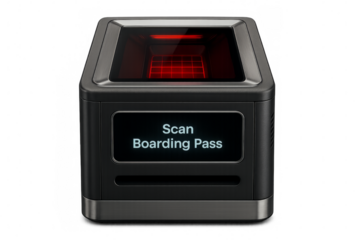 Boarding pass scanner displaying scan boarding pass on transparent background