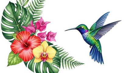 Obraz premium Watercolor Hummingbird and Tropical Flowers Illustration