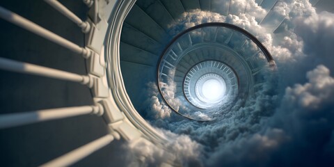 Spiral staircase in clouds leading to heaven wallpaper background hd stock photo free download