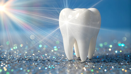 Pediatric dental care education awareness and oral health knowledge concept. clean tooth with surrounding sparkles and gradient