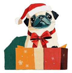 PNG Pug tie a ribbon bow pop up on open box pug art illustration.