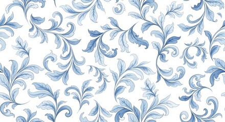 Elegant Floral Pattern in Blue: A seamless botanical design, a display of exquisite floral elegance. The leaves and vines cascade across a blank canvas in graceful symmetry and delicate strokes.