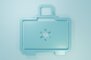 Obraz premium Blue First aid kit icon isolated on blue background. Medical box with cross. Medical equipment for emergency. Healthcare concept. Minimalism concept. 3D render illustration