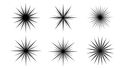 Abstract Burst Design Elements: Six different, dynamic starburst elements, each a unique interpretation of radiating lines and central focus, creating a stunning contrast against a solid backdrop