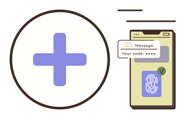 Obraz premium Mobile device displaying a fingerprint scanner, verification code pop-up, and a plus symbol. Ideal for security, technology, authentication, protection, privacy tools apps and identity. Simple flat