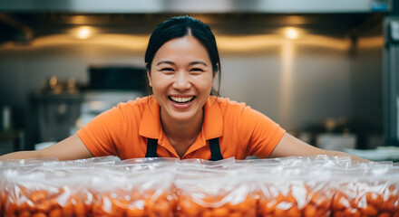 Happy female chef smiling proudly over fresh produce bags in commercial kitchen ready for market delivery success healthy food business