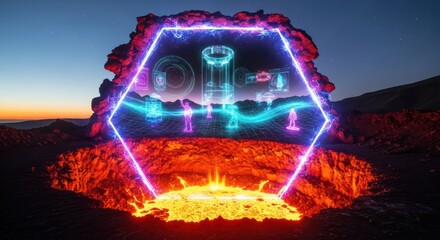 Technological future landscape over volcanic terrain with digital interface concept