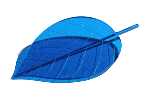 A single, vibrant electric blue synthetic leaf with polished acrylic surface and intricate laser-etched geometric veins, casting a crisp shadow on a transparent background, concept of technological