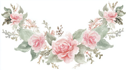 Obraz premium Delicate watercolor floral wreath featuring pink roses, softly illuminated with elegant composition.