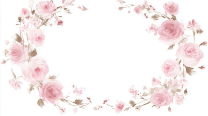 Obraz premium Delicate watercolor floral wreath featuring pink roses, softly illuminated with elegant composition.