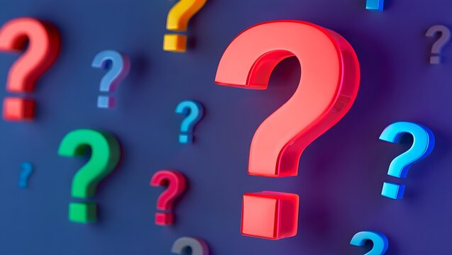 Vibrant and colorful question marks scattered on a dark blue background symbolizing mystery and uncertainty - Powered by Adobe