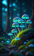 Magical glowing mushrooms illuminate a dark enchanted forest floor at night