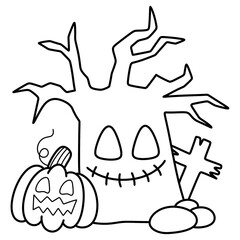 Fototapeta premium Spooky Tree with Pumpkin and Cross outline