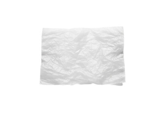 Single, translucent grey, empty, crumpled plastic bag with subtle creases, centered on pristine transparent background with diffused studio light. Concept of disposability