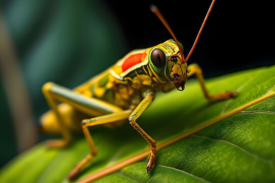 Close-up macro detail of a stunningly colorful grasshopper, a vibrant insect of nature's wildlife.