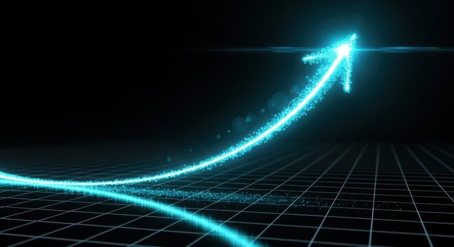 Glowing blue arrow rising on a dark grid background