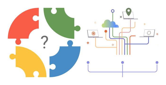 Four puzzle pieces forming a circle with a question mark, linked devices via cloud, lines, and nodes. Ideal for problem-solving, technology, networking, teamwork, brainstorming digital connectivity