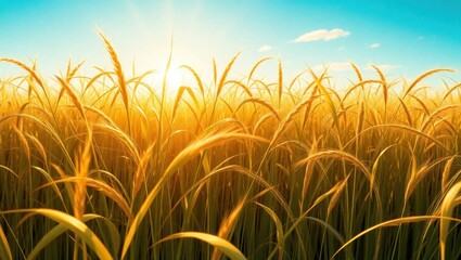 Golden wheat field under bright sunny sky