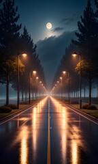 Empty wet road lined with streetlights under a full moon at night