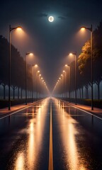 Empty wet road at night illuminated by streetlights and distant moon