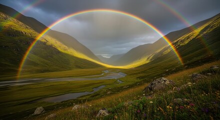 Obraz premium Rainbow over Mountain Valley Landscape