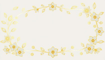 Elegant golden floral frame encircles hand-drawn line art flower wreath,  leaves,  element