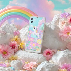 White Smartphone with Pastel Flowers and Rainbow Fantasy Background