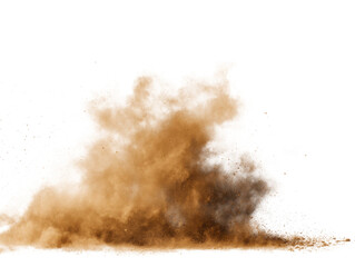 Brown dust explosion with particles scattering on black burst isolated on a transparent background