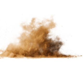 Brown dust explosion with particles scattering on black burst isolated on a transparent background