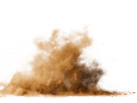 Brown dust explosion with particles scattering on black burst isolated on a transparent background