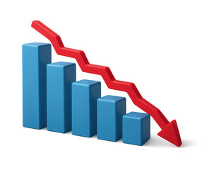 Blue bar graph shows declining trend red arrow points down indicating decrease