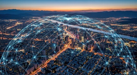 Smart City Network: Aerial View of Illuminated Cityscape with Digital Connections