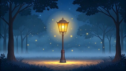 Ornate vintage street lamp illuminates a misty forest path at night