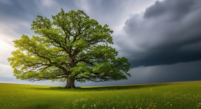 Lone tree standing defiantly against an approaching ominous storm over a vibrant field