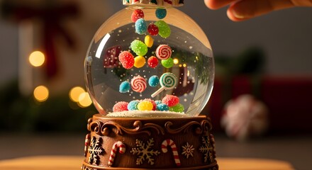 Snow globe shaking, candies swirling and falling inside the glass.